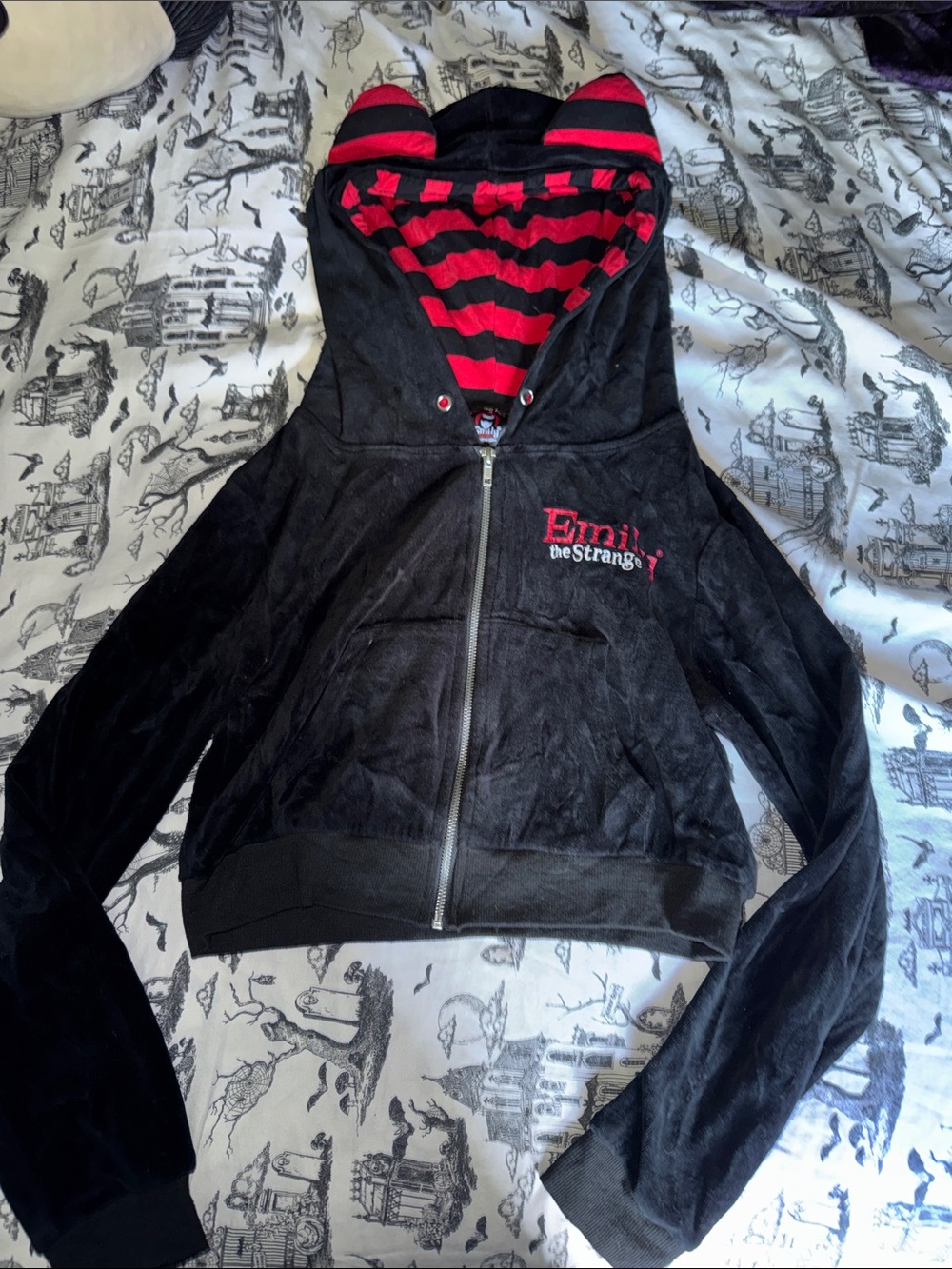 Emily The Strange Women's Black Zip Cropped Hoodie with Red Striped Lining
